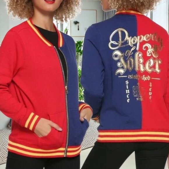 DC Comics (SM) SUICIDE SQUAD Red Blue and Gold Bomber Zip Up Varsity Jacket - Picture 1 of 8